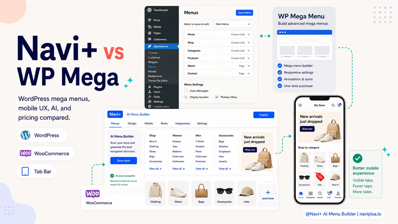 Navi+ vs WP Mega Menu comparison illustration