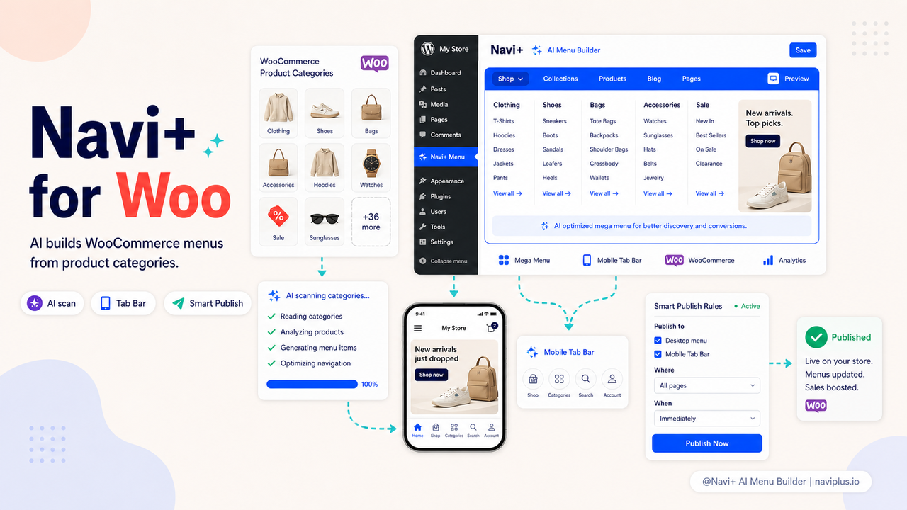 Navi+ WordPress plugin in WP admin — menu builder