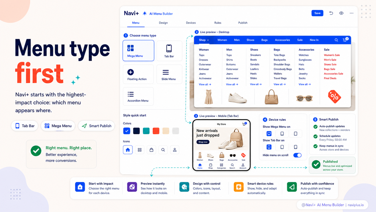 Navi+ visual editor showing menu type selector and live preview