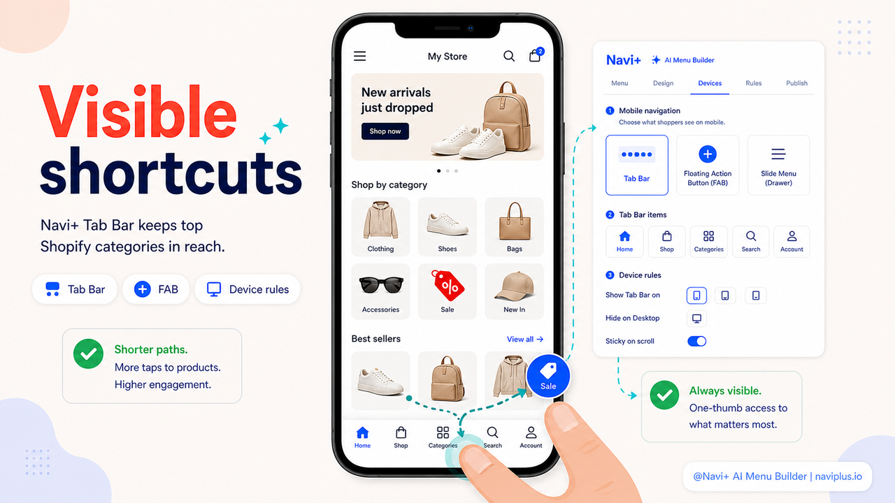 Navi+ Tab Bar on an ecommerce store — bottom navigation