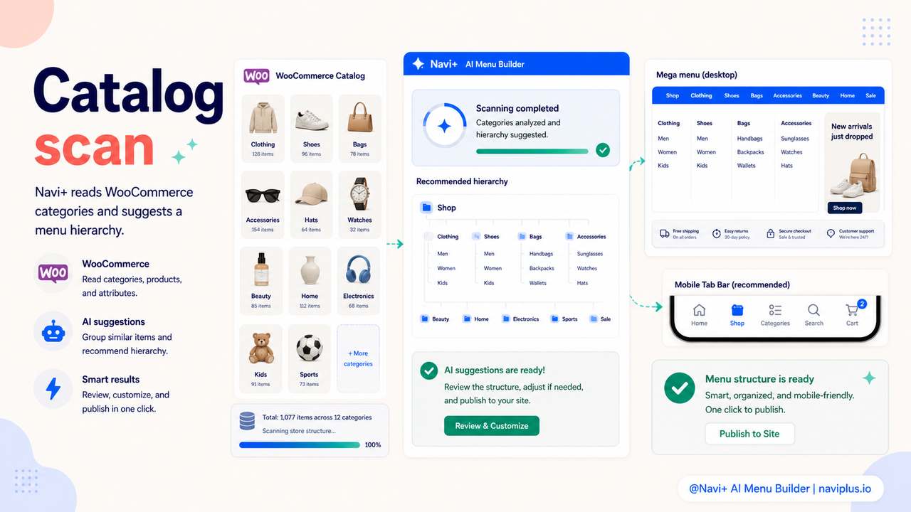 Navi+ AI scanning WooCommerce catalog — progress visualization