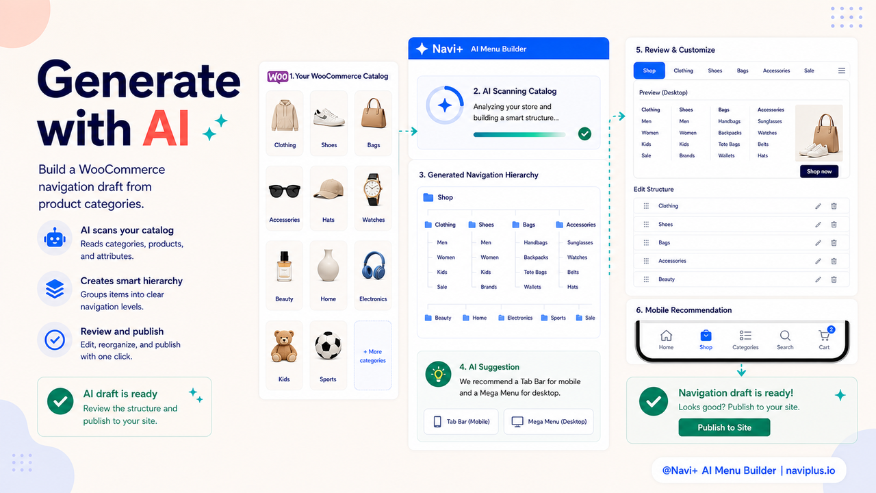 Navi+ AI generating menu from WooCommerce product categories