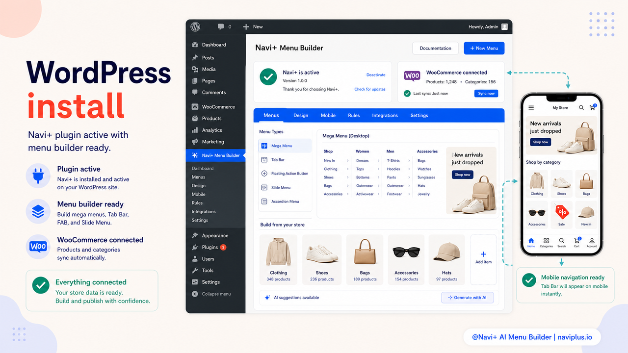 Navi+ WordPress plugin active in WP Admin, with menu builder open