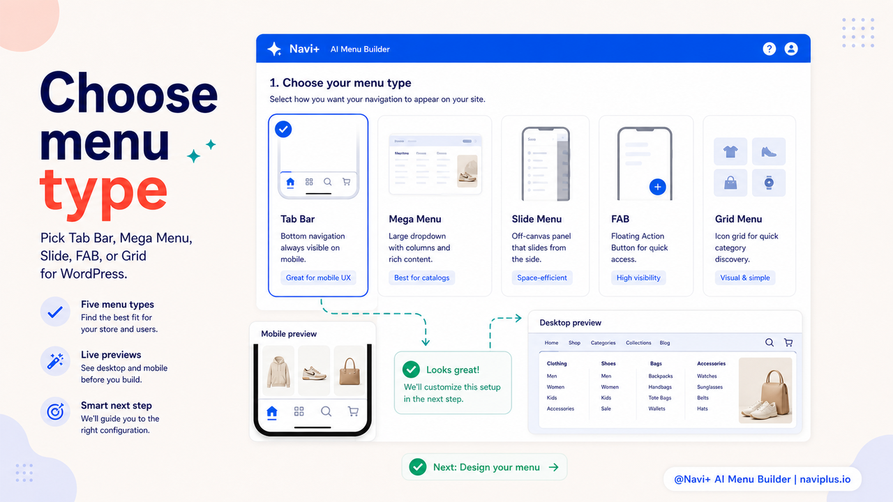 Navi+ menu type selection screen — Tab Bar, Mega Menu, Slide, FAB, Grid