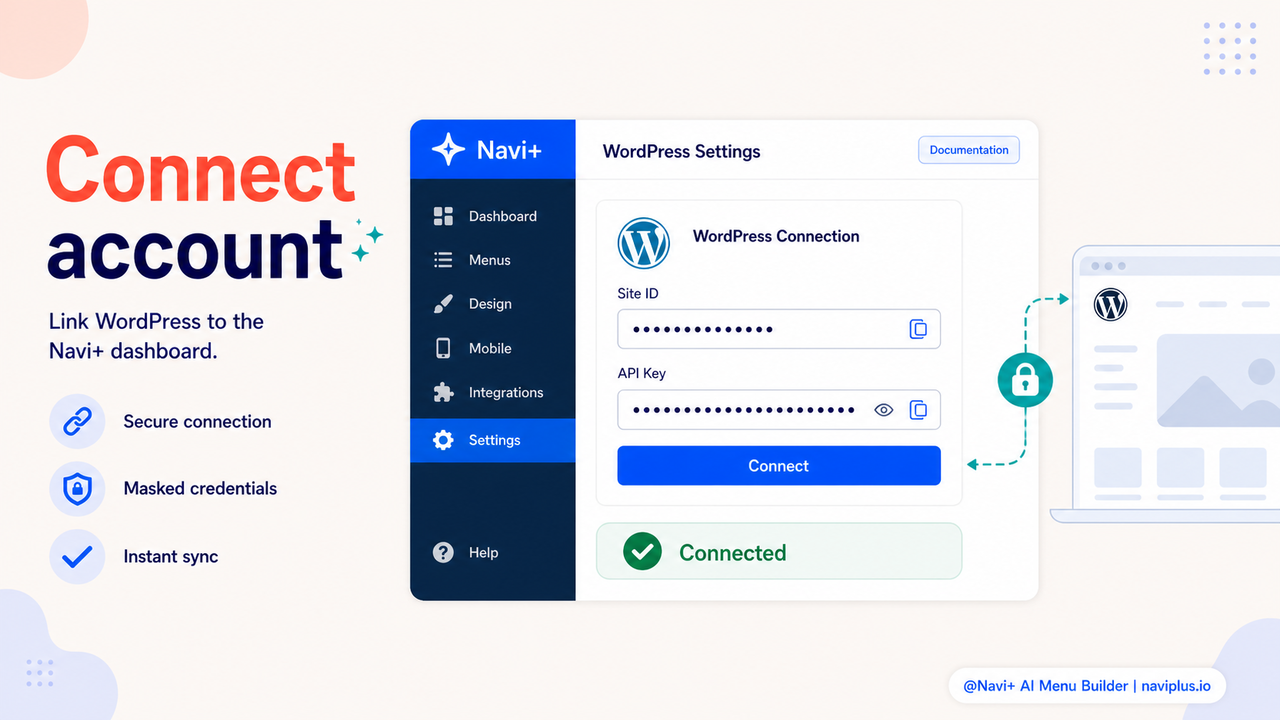 Navi+ WordPress settings screen with connection fields
