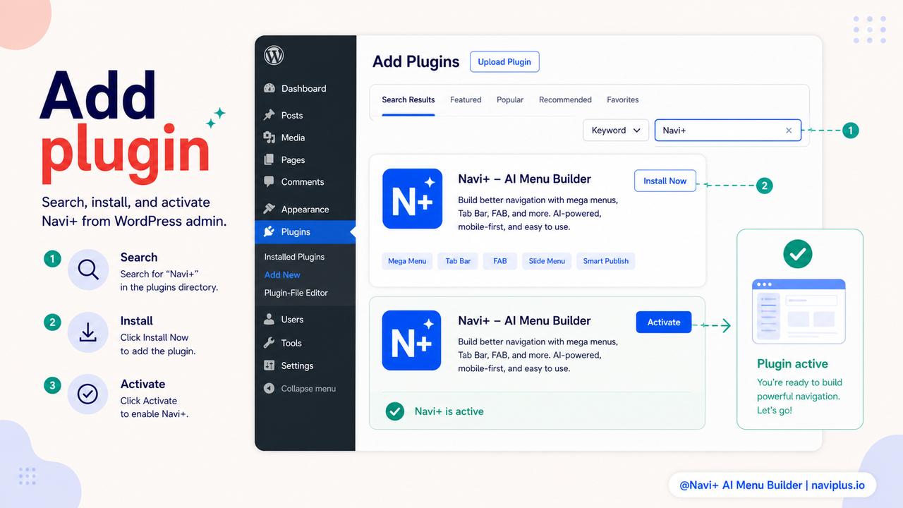 WordPress Plugins → Add New screen with Navi+ search result