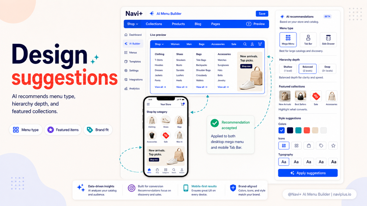 Navi+ AI design suggestion panel — example recommendation