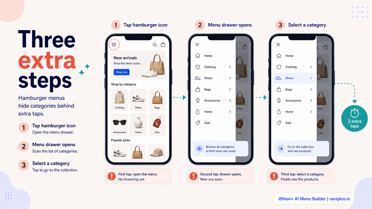 Three-step sequence: icon tap → menu open → category selected