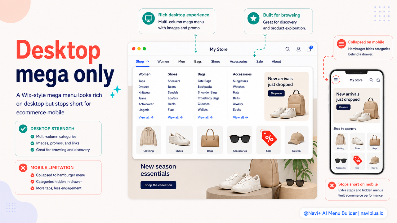 Wix Mega Menu on a desktop ecommerce site — showcase screenshot