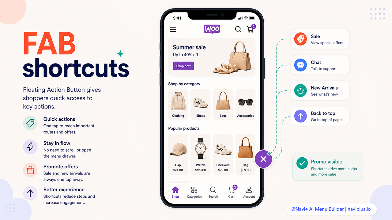 FAB button on WooCommerce mobile — multiple use cases illustrated