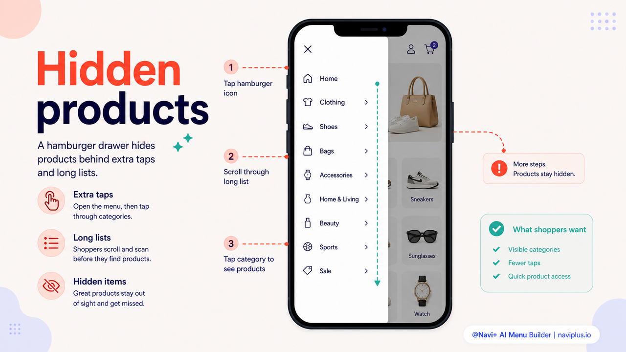 Mobile user struggling to find categories in a hamburger menu — illustrative