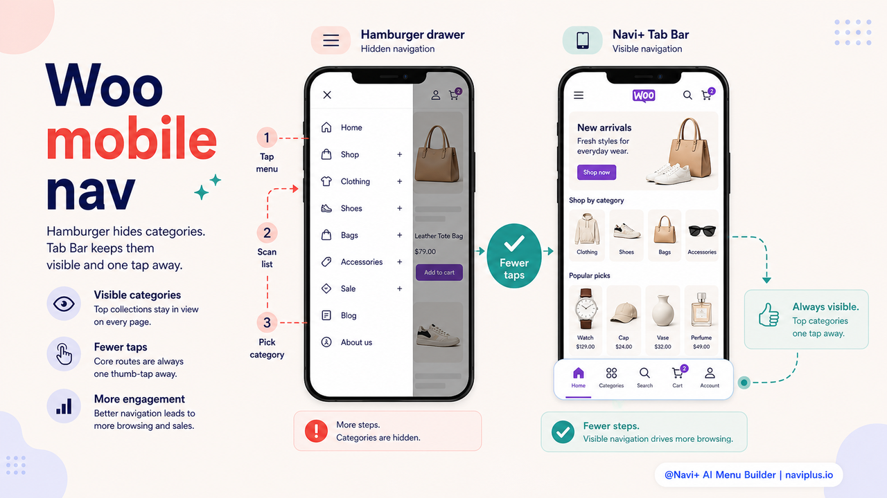 WooCommerce store on mobile — comparing hamburger vs Tab Bar navigation