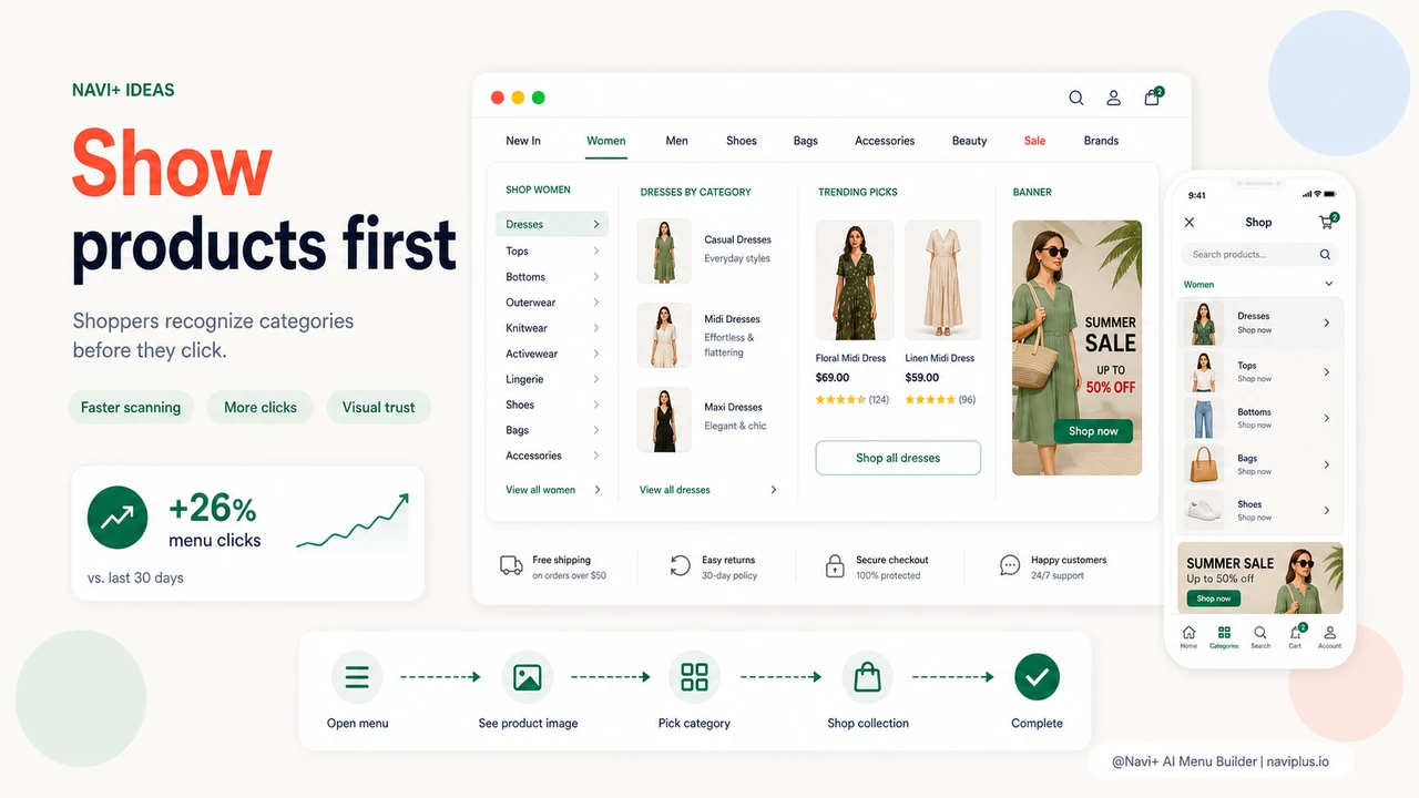 Visual dropdown menu driving shoppers from category image tiles into product collections