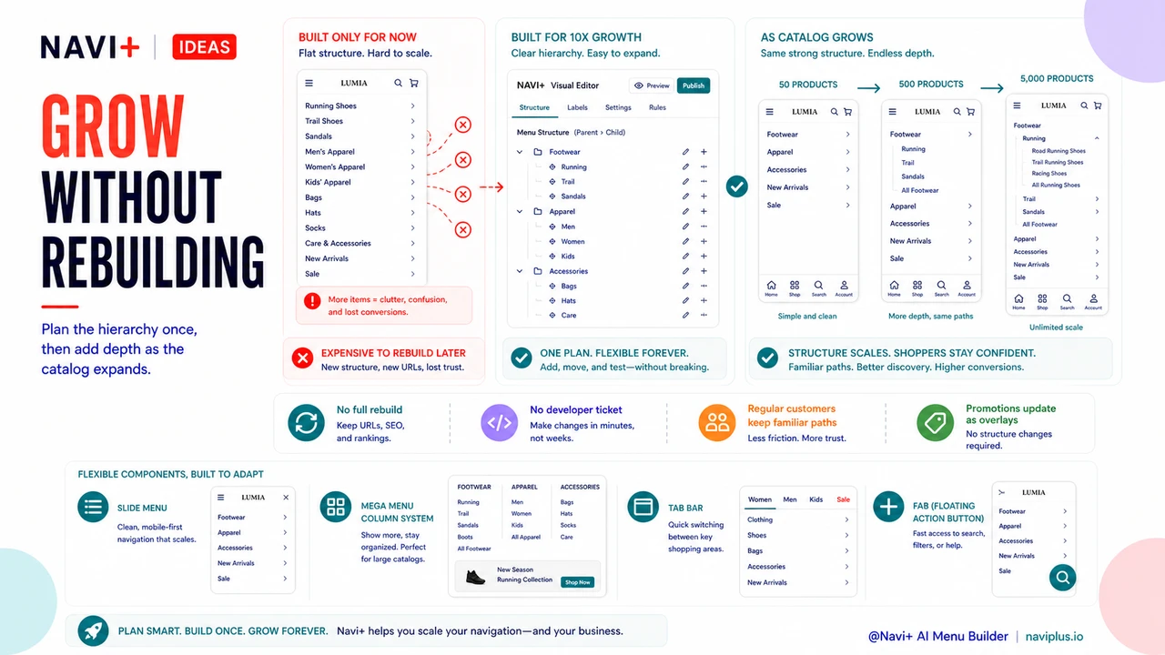 Outcome illustration for Navigation that scales with your catalog — building menu structures that don't need rebuilding as you grow