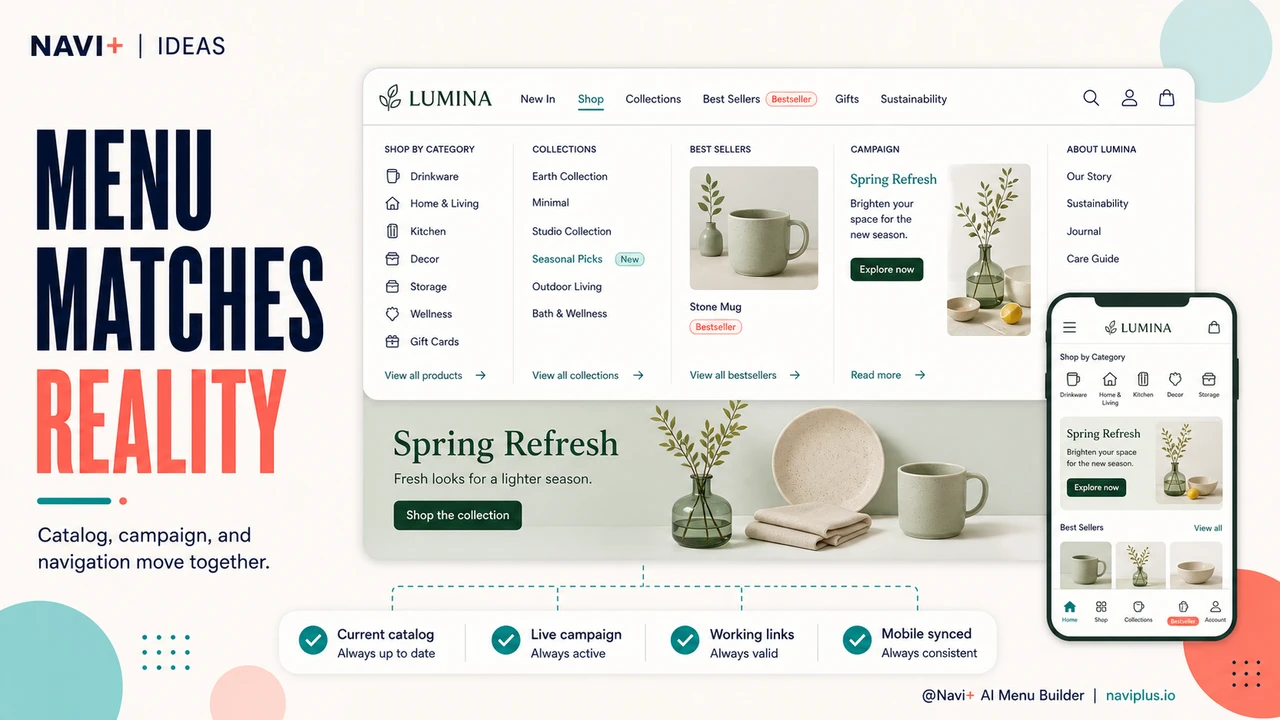 Updated ecommerce navigation stays in sync with the current catalog and campaign