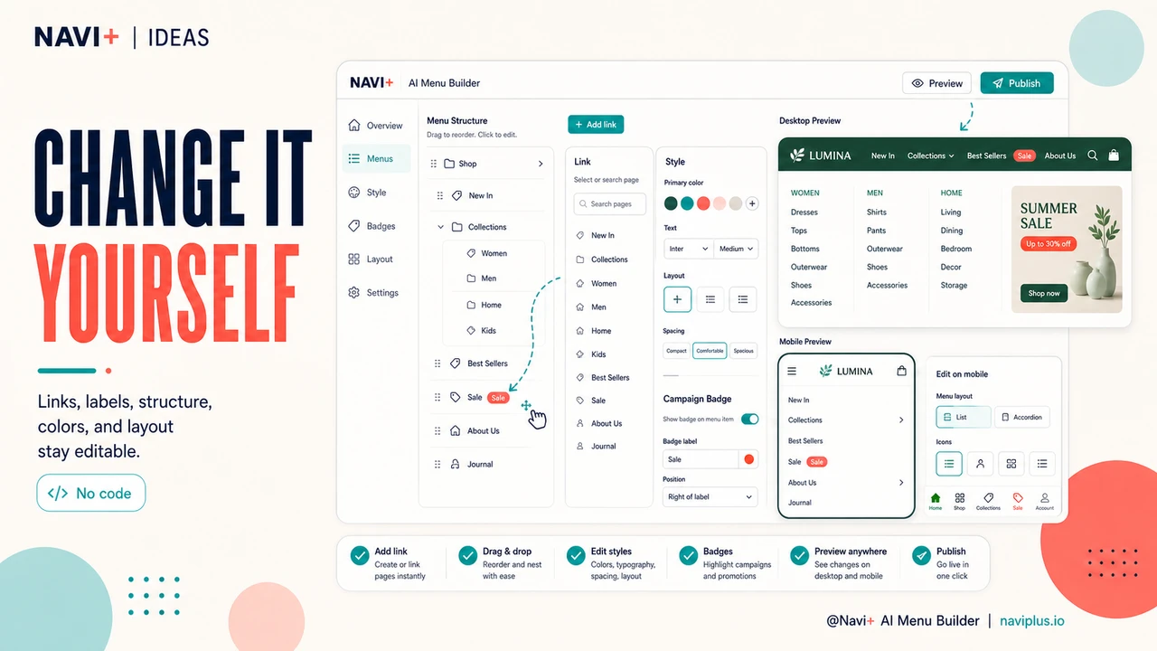 Navi+ visual editor updating ecommerce menu structure colors and campaign links