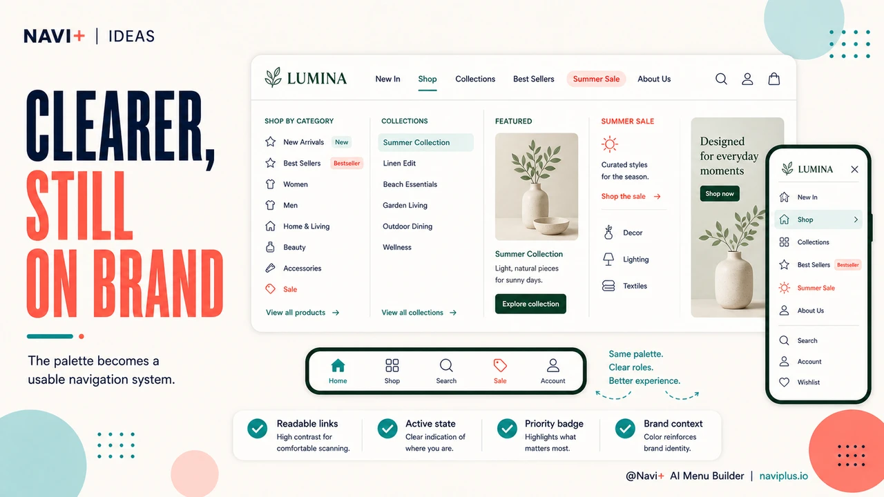 Outcome illustration for Color as navigation language — how hue, contrast, and emphasis guide attention in menus