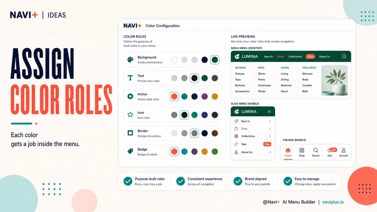 Solution illustration for Color as navigation language — how hue, contrast, and emphasis guide attention in menus
