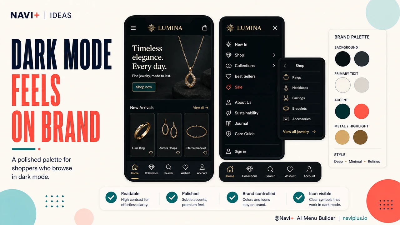 Outcome illustration for Dark mode navigation — designing for the alternative palette that 40% of shoppers prefer