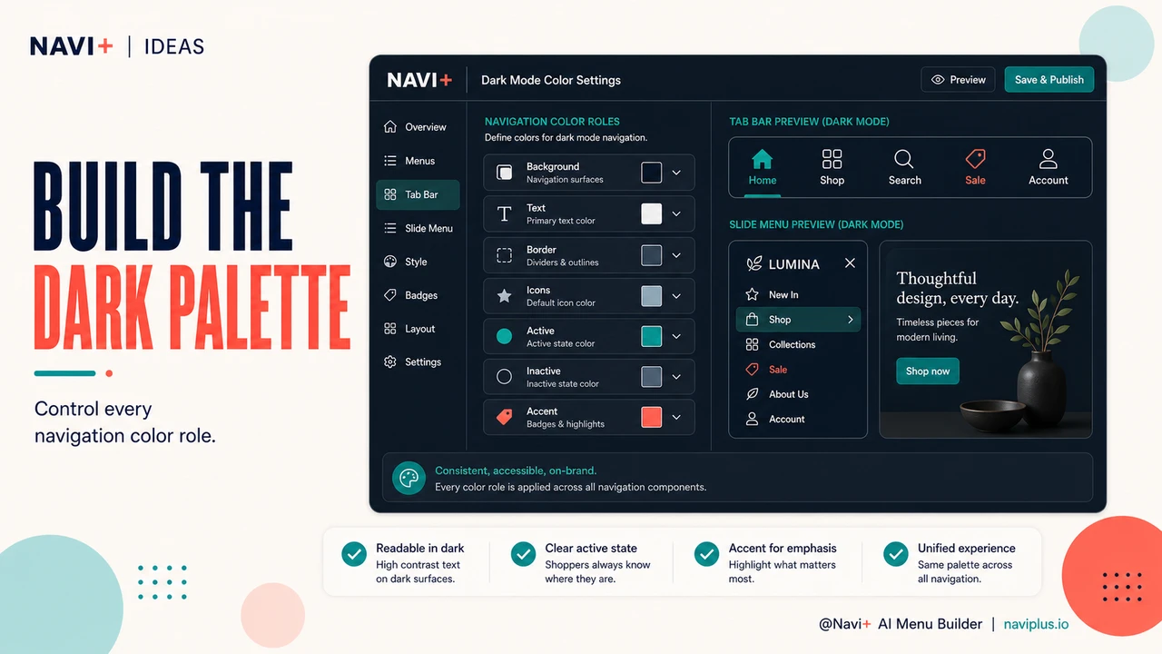 Solution illustration for Dark mode navigation — designing for the alternative palette that 40% of shoppers prefer