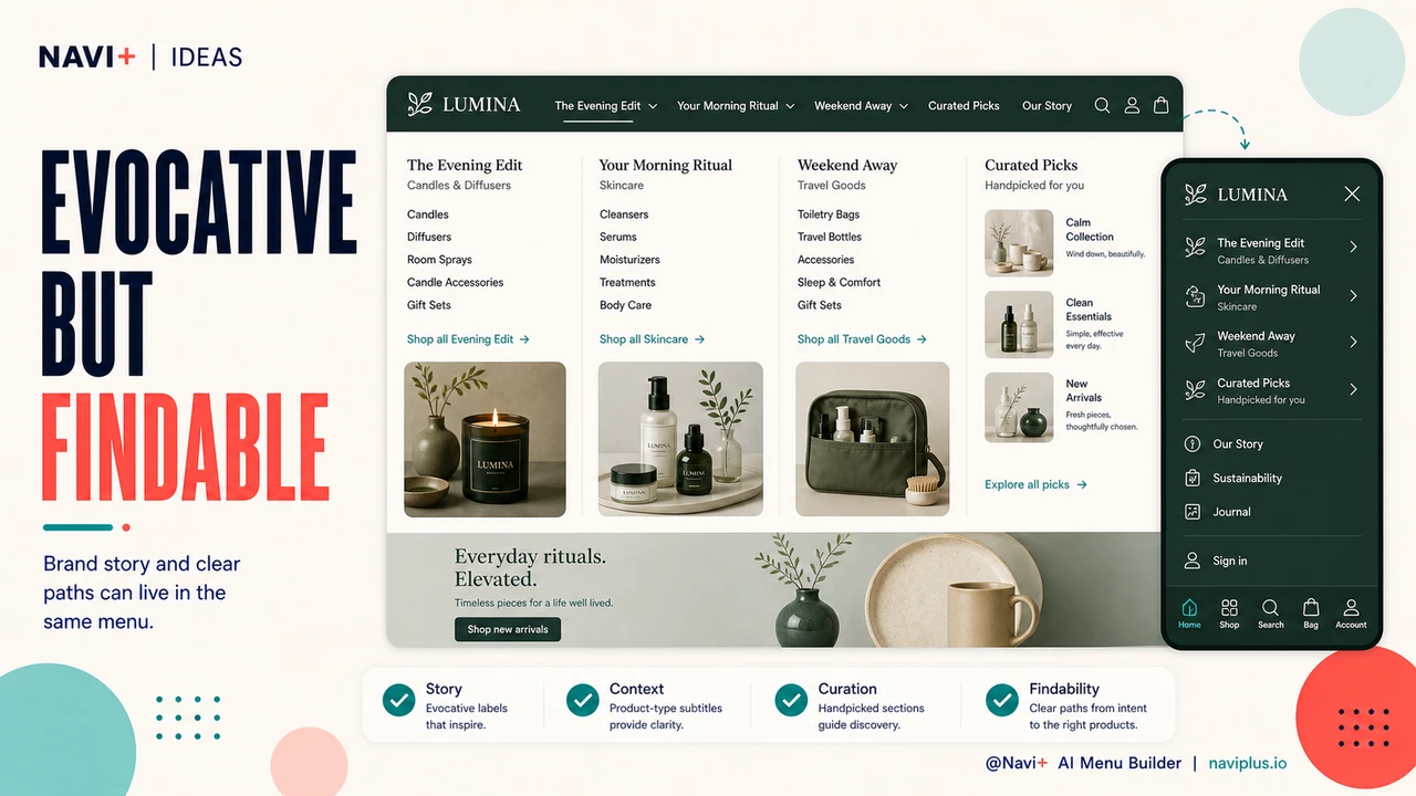 Outcome illustration for When your menu tells a story: editorial navigation for brand-forward stores