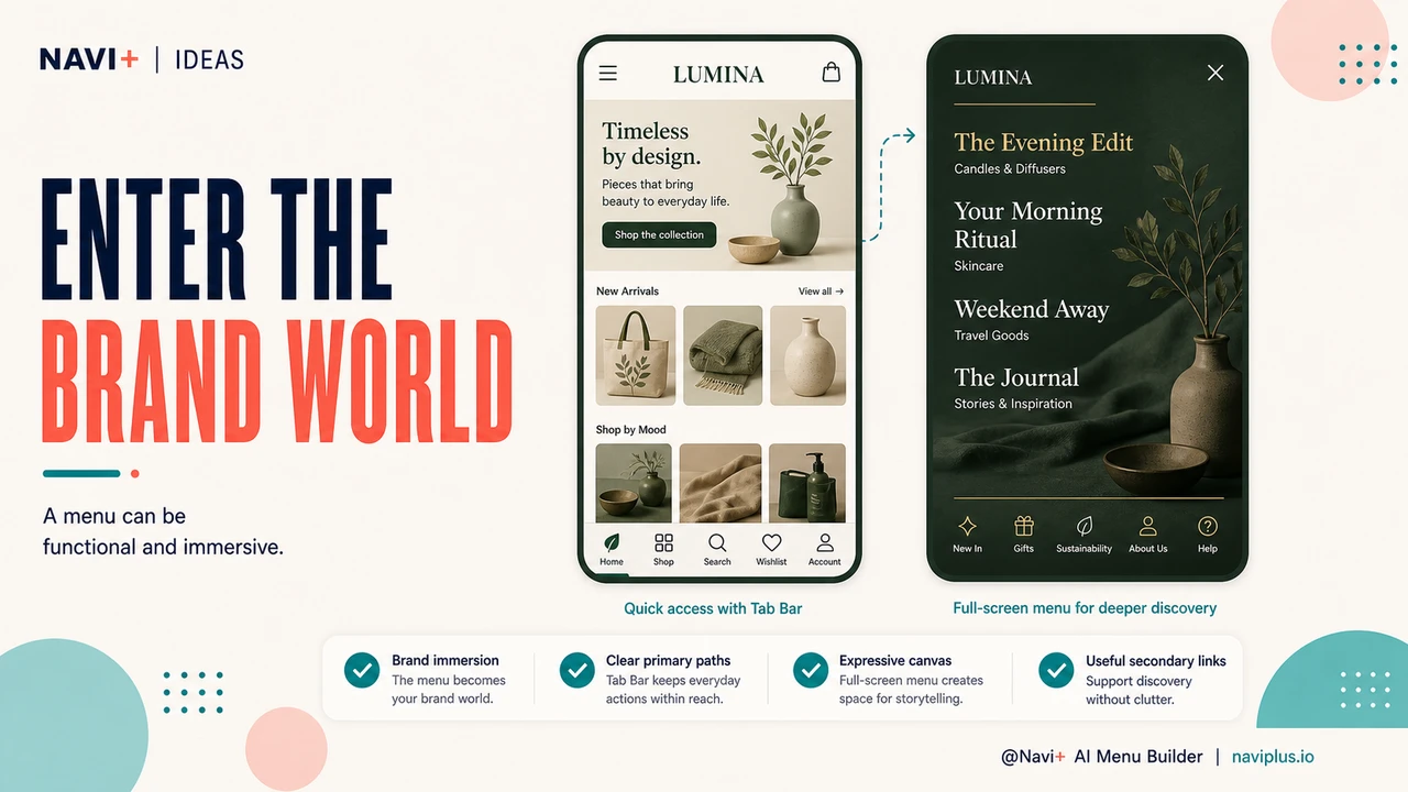 Outcome illustration for Full-screen overlay navigation — when a full-page menu serves brand identity and usability better than a side panel