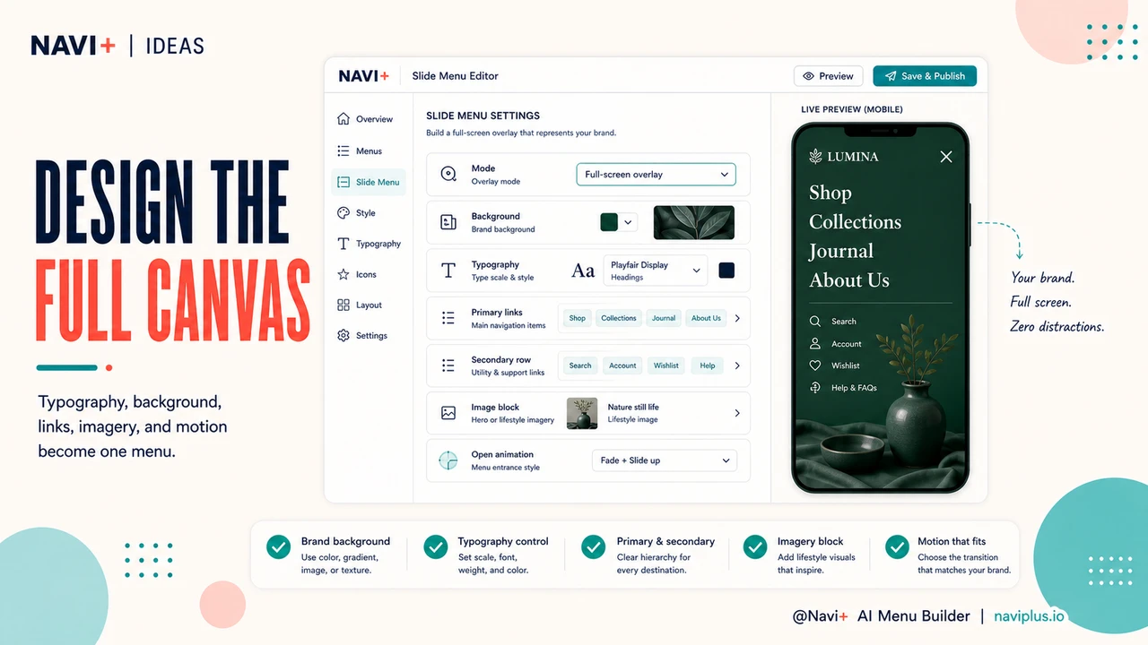 Solution illustration for Full-screen overlay navigation — when a full-page menu serves brand identity and usability better than a side panel