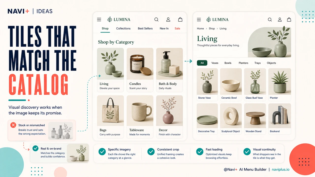 Outcome illustration for Grid navigation design — visual category browsing for image-driven product discovery