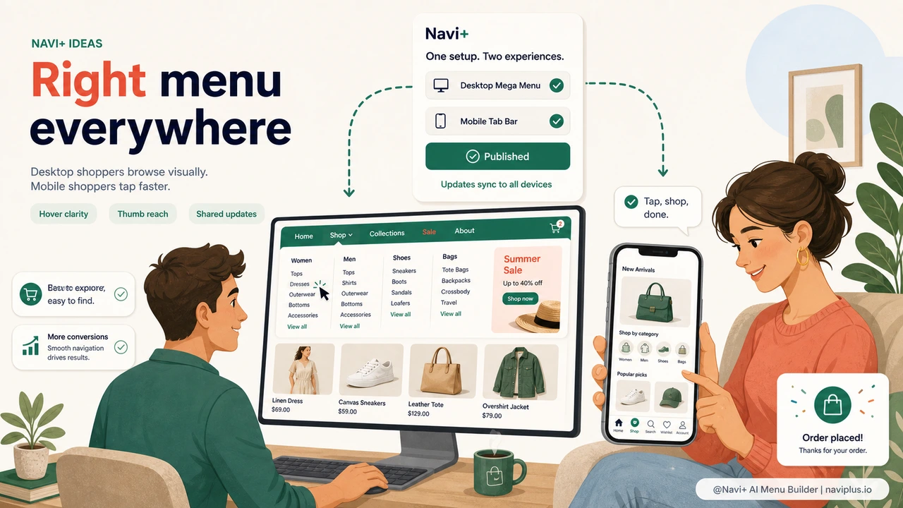 Desktop and mobile storefronts using device-specific navigation from one Navi+ setup