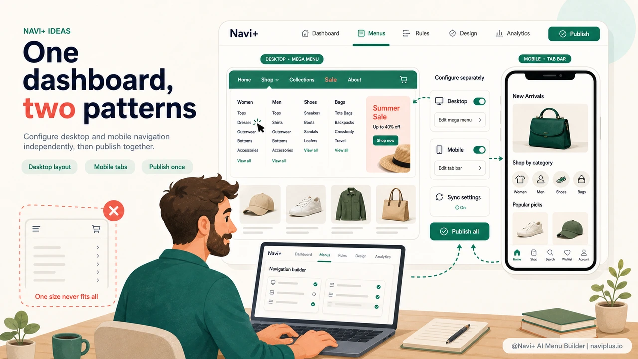 Navi+ dashboard configuring desktop Mega Menu and mobile Tab Bar separately