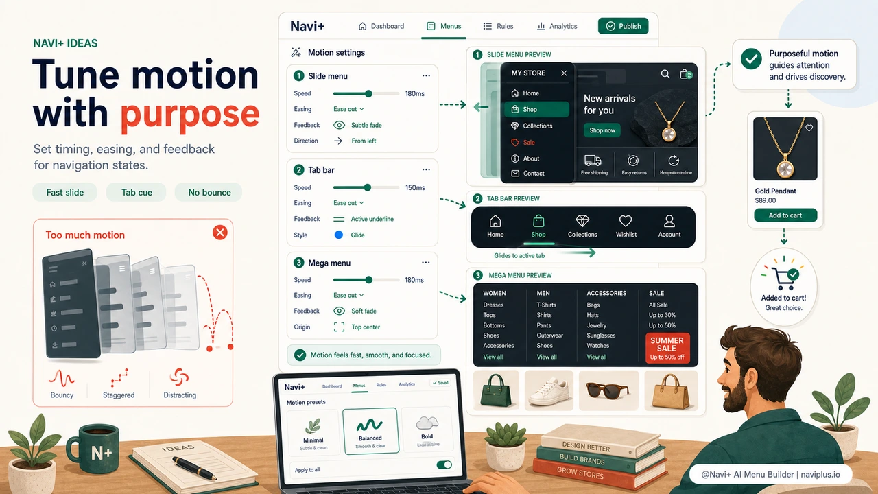 Solution illustration for Micro-animations in navigation — where motion adds clarity and where it detracts