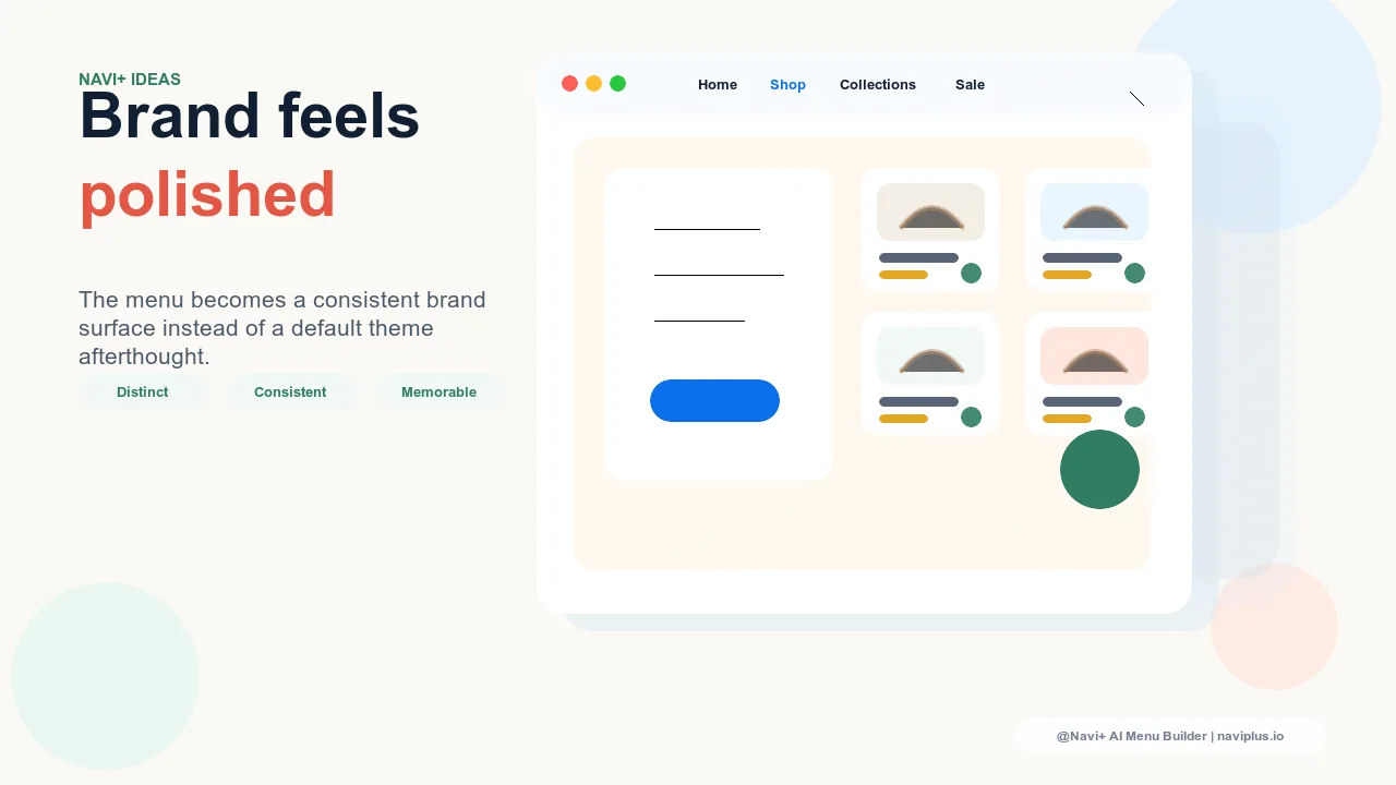 Outcome illustration for Spatial layout in navigation — how the physical arrangement of menu elements creates hierarchy and brand flow