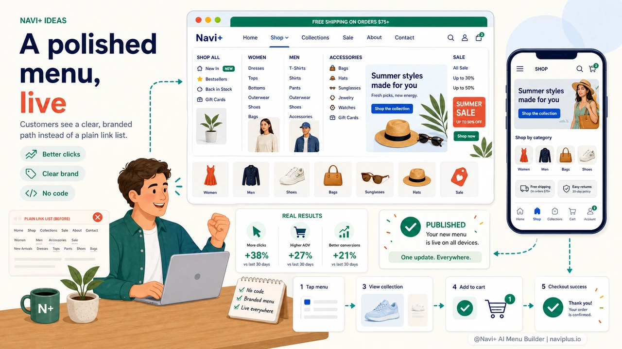 A professional ecommerce mega menu published without CSS or developer work