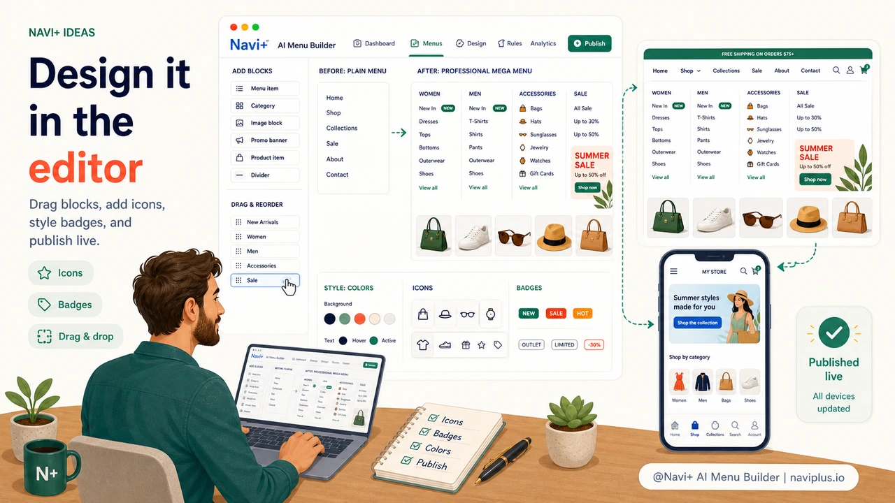 Navi+ visual builder configuring columns icons badges colors and product cards without CSS