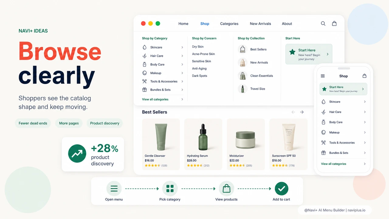 Outcome illustration for The default menu is too basic — 100+ products and customers still can't find what they need