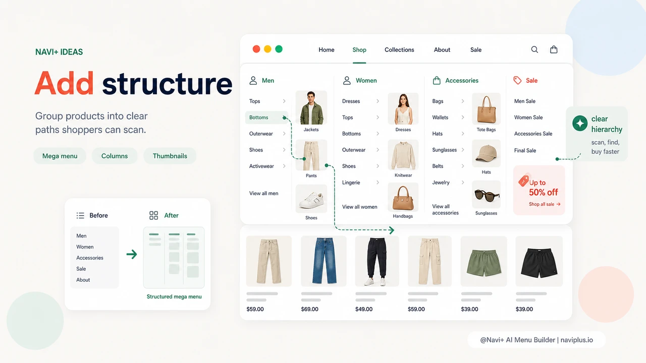 Solution illustration for The default menu is too basic — 100+ products and customers still can't find what they need