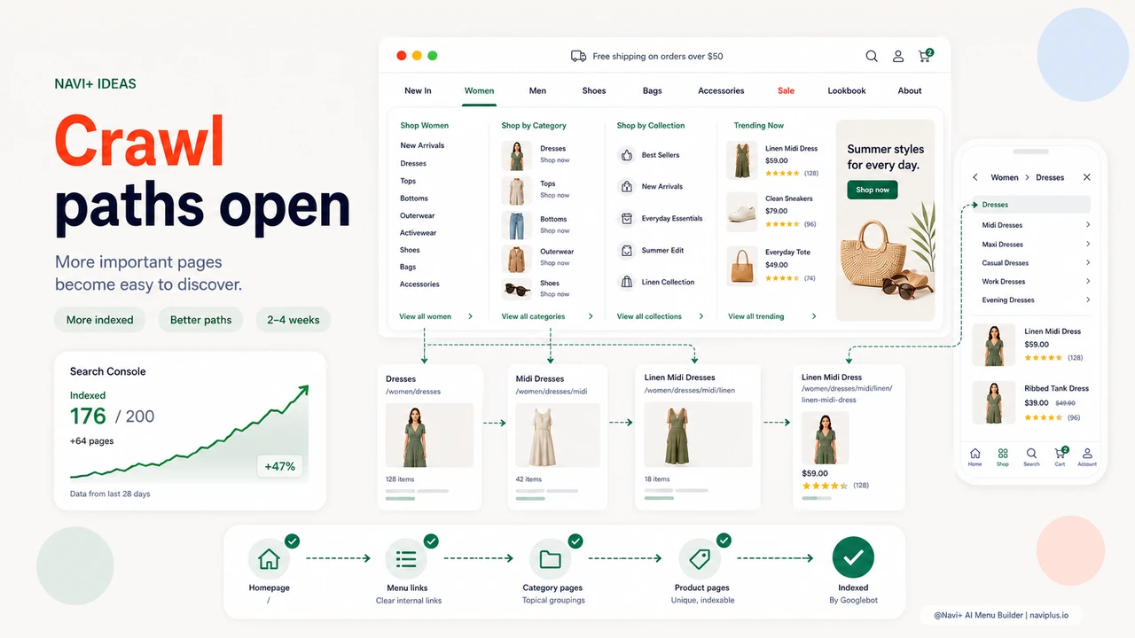 Outcome illustration for Poor navigation is hurting your SEO — products aren't getting fully indexed by Google