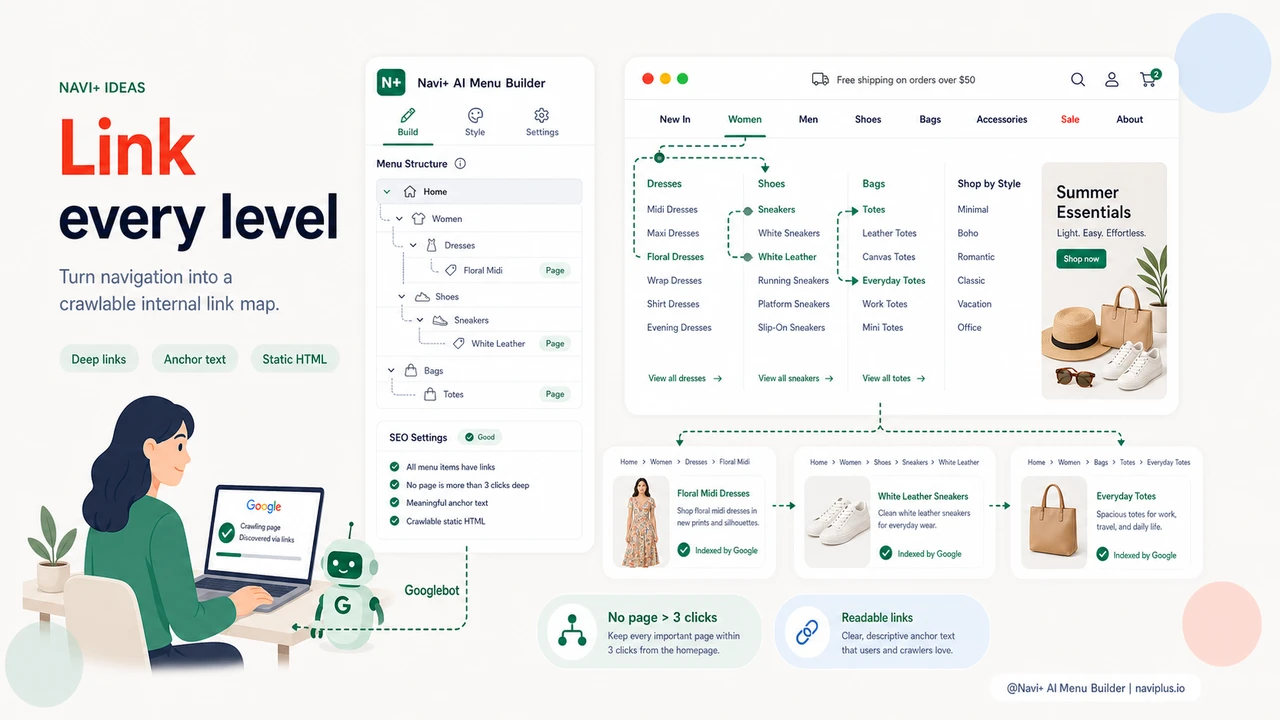 Solution illustration for Poor navigation is hurting your SEO — products aren't getting fully indexed by Google