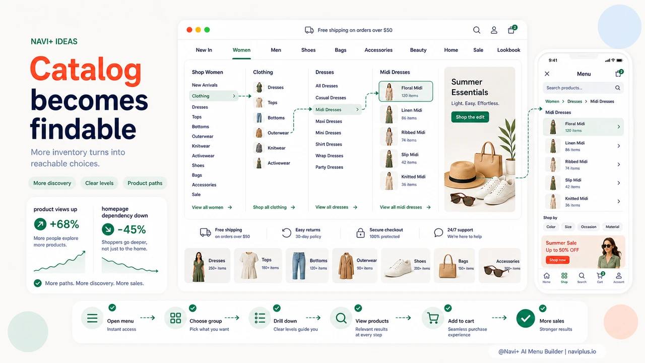 Outcome illustration for 500+ products but a flat menu — customers get lost in your store instead of buying