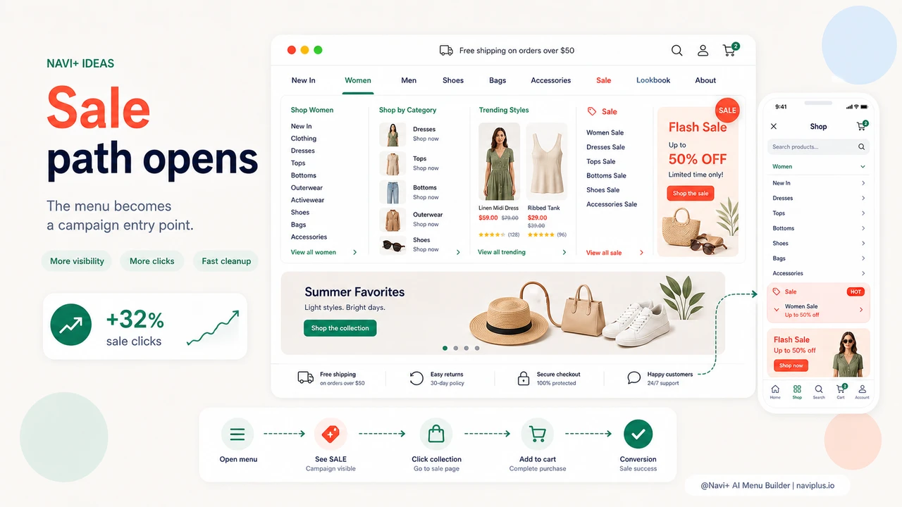 Sale promotion discovered through ecommerce navigation menu paths