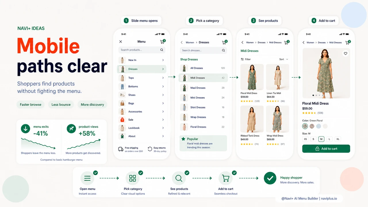 Outcome illustration for The hamburger menu is too basic — customers can't find products. What should you do?