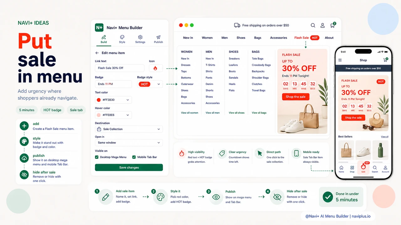 Navi+ builder adding a highlighted flash sale link and badge into ecommerce navigation