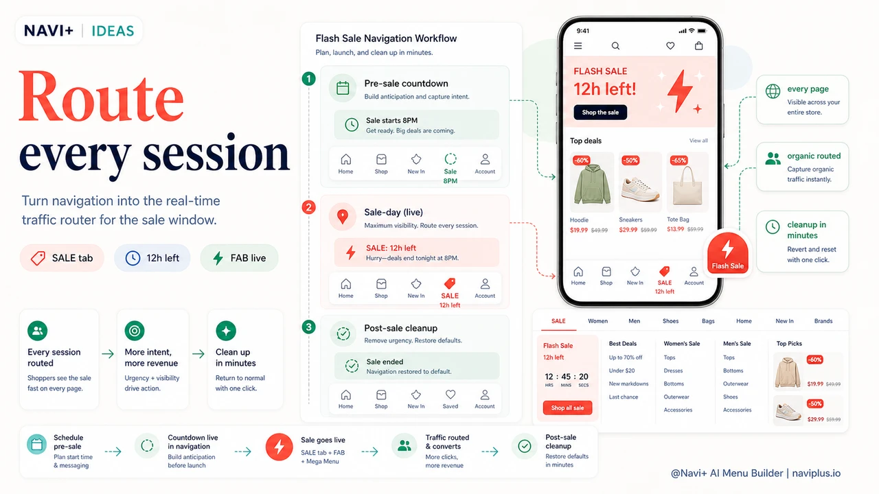 Solution illustration for Flash sale navigation — how to configure your menu to maximize time-limited revenue