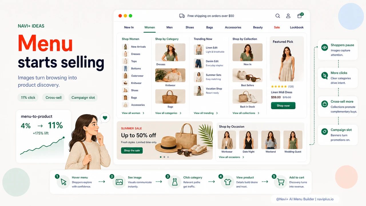 Shopper clicks visual product category cards inside ecommerce mega menu