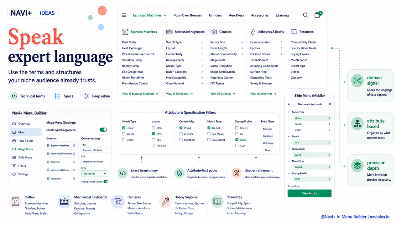 Solution illustration for Niche store navigation — how to design menus for highly specialized audiences who already know what they want