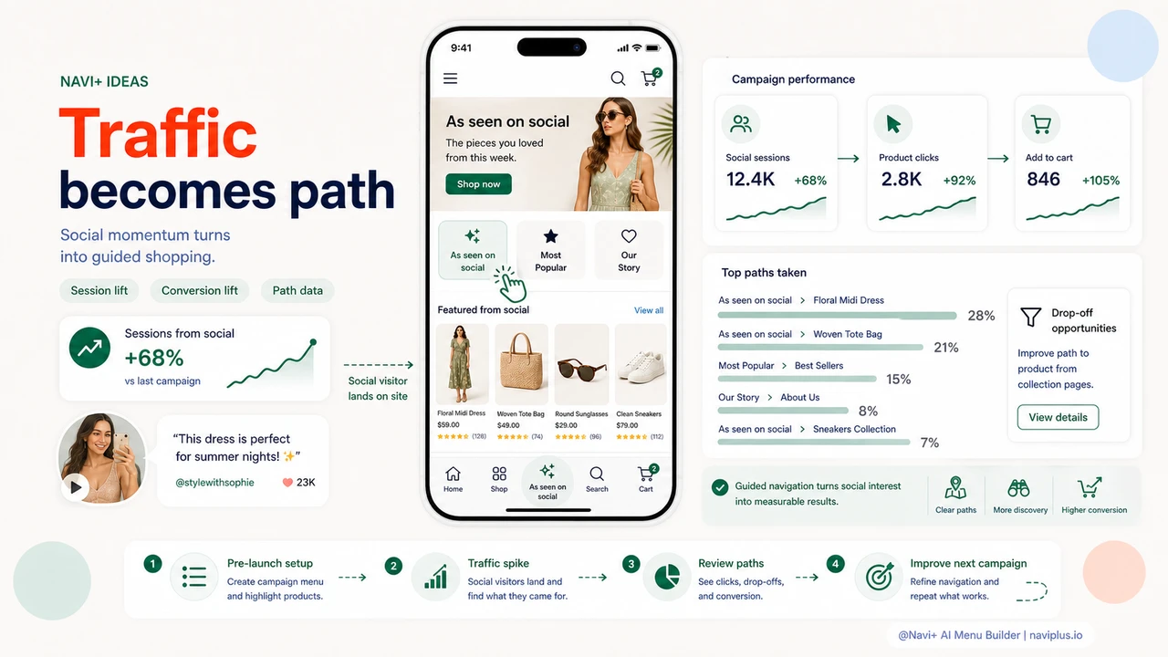 Outcome illustration for Navigation for social and influencer traffic — converting visitors who arrive with social context but low brand familiarity