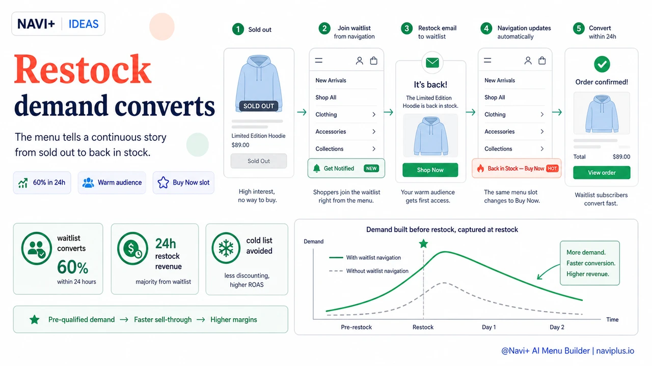 Outcome illustration for Waitlist navigation — how to use menus to build demand before products are available