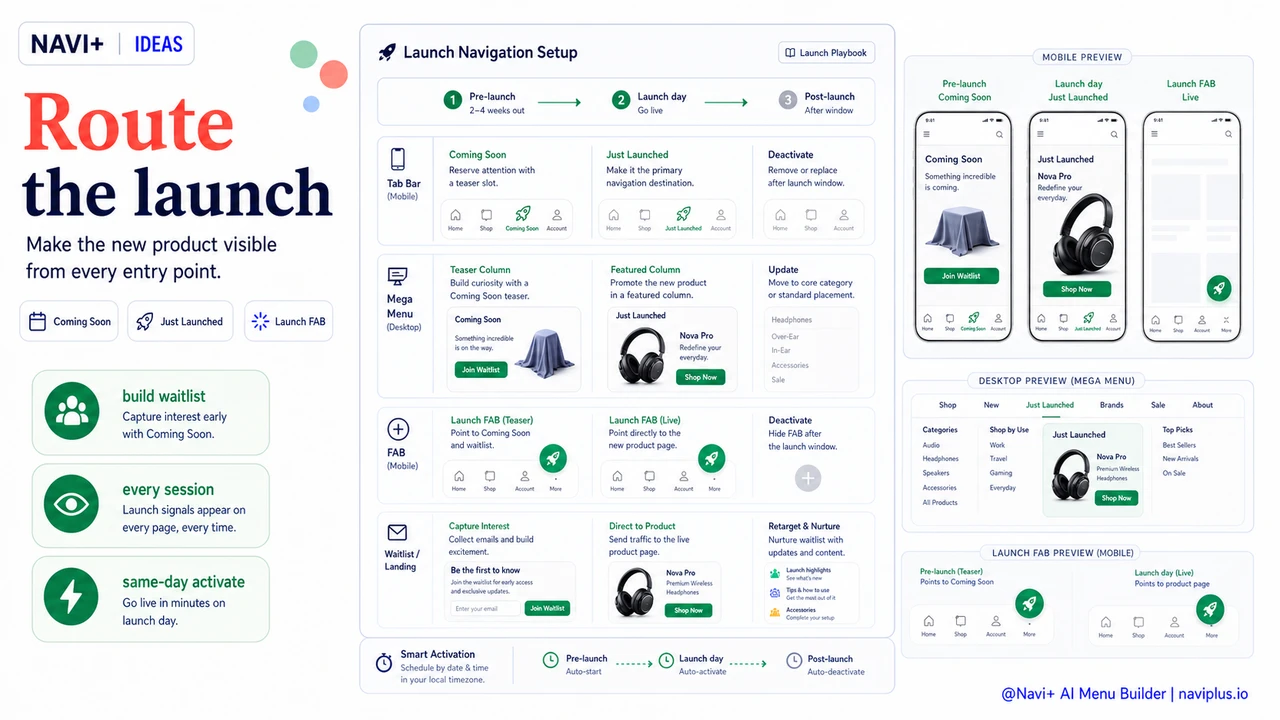 Solution illustration for Launch-day navigation — how to build anticipation and route traffic to new products