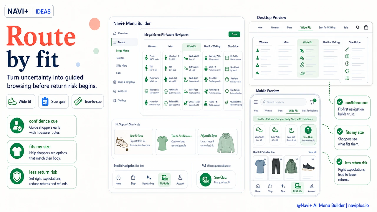 Mega menu featuring fit-specific collections and size guide links