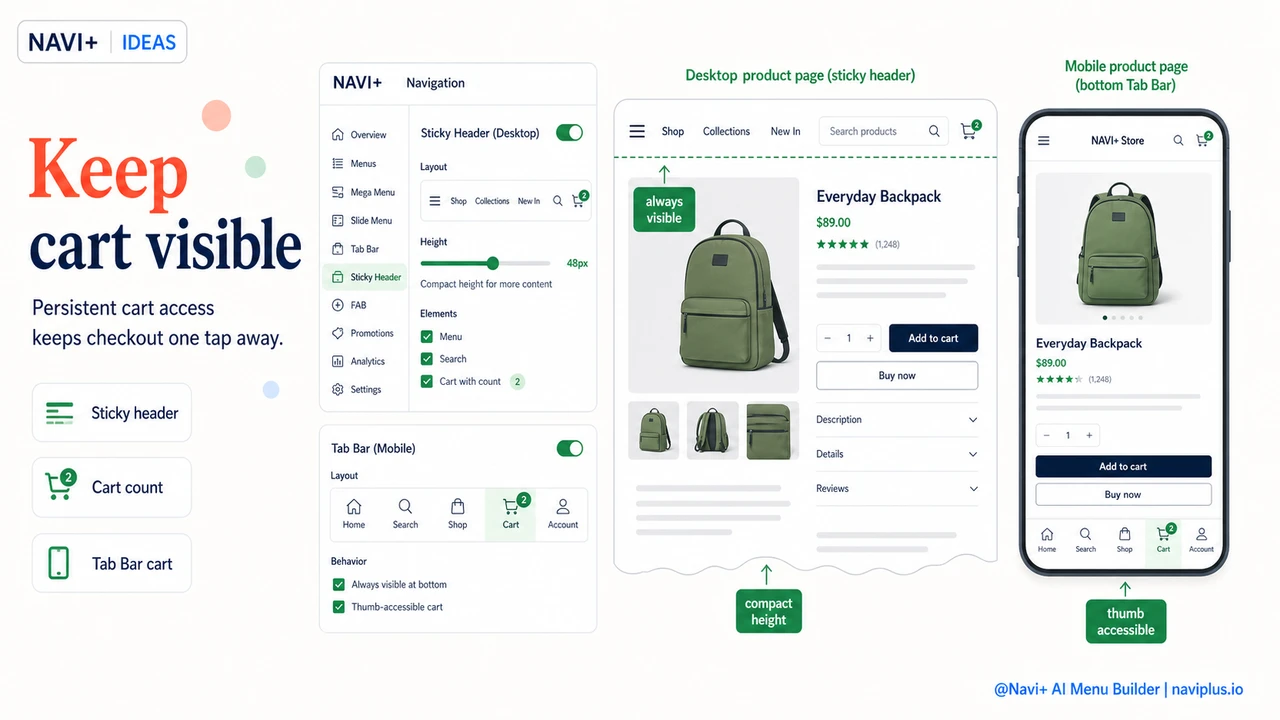 Solution illustration for A sticky header with visible cart access is one of the highest-revenue navigation choices